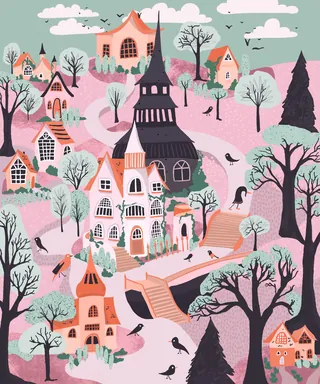 Illustration of a pastel-colored village with various houses and leafless trees