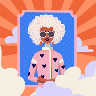 Illustration of a woman with white afro, sunglasses, and heart-patterned jacket