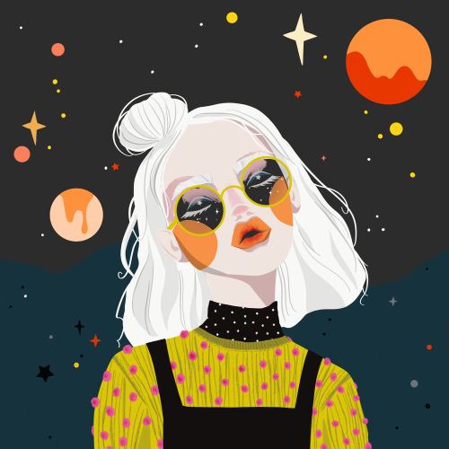 Illustration of a white-haired woman wearing sunglasses with planets around