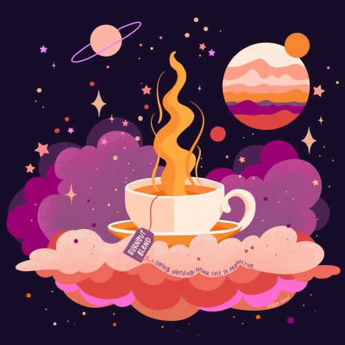 Steaming tea cup on clouds with colorful planets and stars background