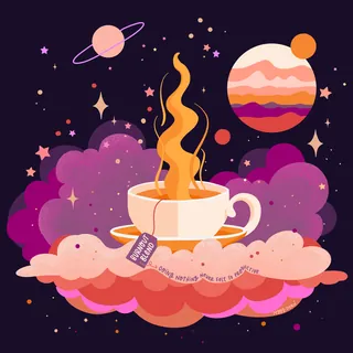 Steaming tea cup on clouds with colorful planets and stars background