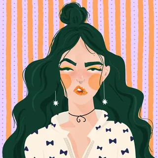 Woman with long dark hair, star earrings, and patterned shirt