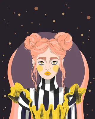 Woman with pink hair and yellow makeup in black and white striped outfit
