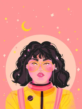 Woman with dark curly hair, pink glasses, and yellow clothing on pink background