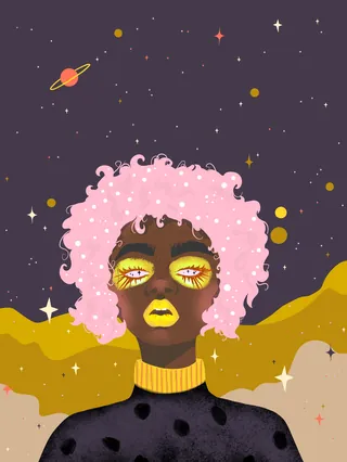 Woman with curly pink hair and cosmic background with stars and planets