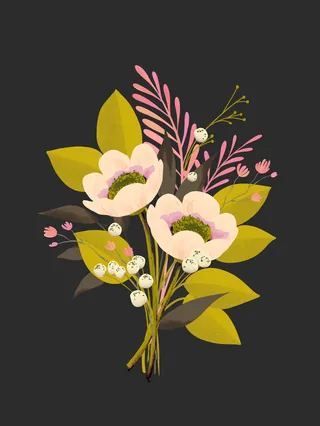Pink flowers and green leaves bouquet illustration on dark background