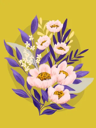 Pink flowers and purple leaves illustrated on yellow background