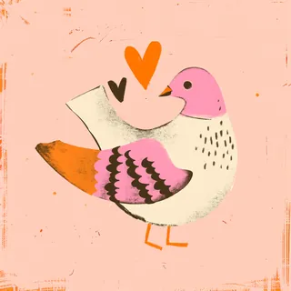 Illustration of a pink and orange bird with heart shapes above