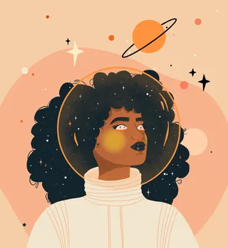 Woman with curly hair in a space helmet with stars and planet background