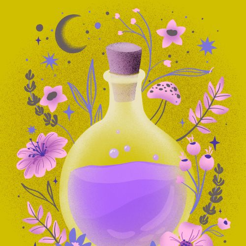 Round glass bottle with purple liquid and cork, decorated with flowers and stars