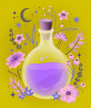 Round glass bottle with purple liquid and cork, decorated with flowers and stars