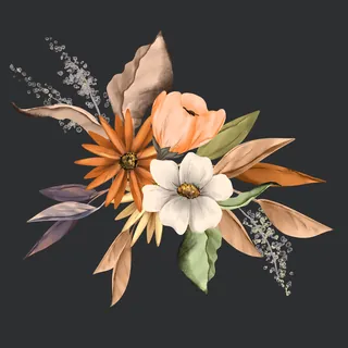 Elegant bouquet with orange and white flowers and green leaves