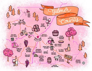 Map of Gilmer County showing wineries, orchards, breweries, and hiking trails.