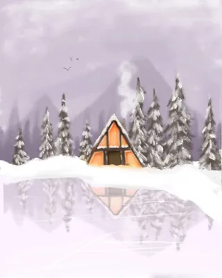 Snow-covered cabin in forest reflected on lake