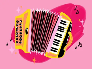 Yellow and red accordion with musical notes on a pink background