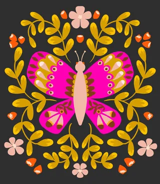 Pink butterfly with symmetrical orange and pink flowers around it