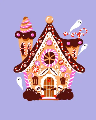 Gingerbread house decorated with candy and surrounded by three ghosts