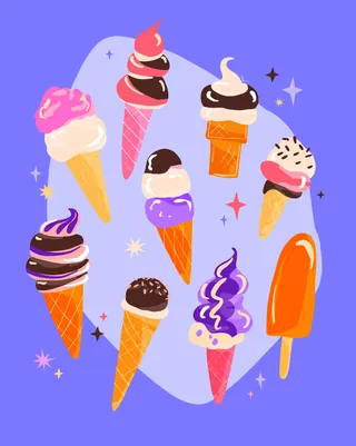 Illustration of multiple ice cream cones and a popsicle on purple background
