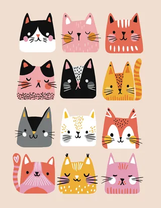 Illustration of twelve colorful, hand-drawn cartoon cat faces arranged in a grid
