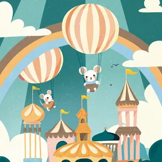 Mice in striped hot air balloons floating above a colorful castle and rainbow