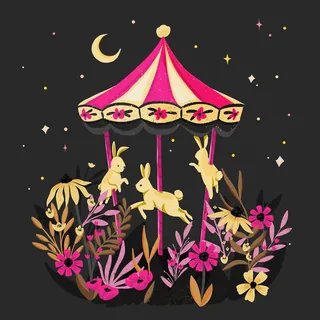 Carousel with rabbits and colorful flowers under a crescent moon
