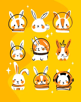 Cartoon rabbits with different facial expressions and outfits on yellow background