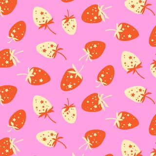 Pattern of red and white strawberries with stars on a pink background