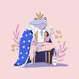 Frog king seated with crown, cape, and holding a glass