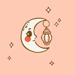 Illustration of crescent moon face holding lantern with stars on peach background