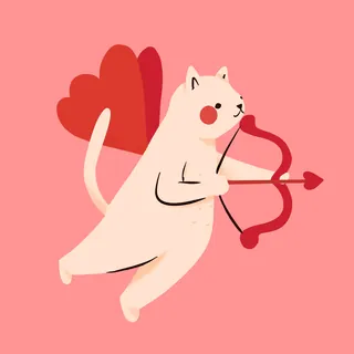 White cat with red wings holding bow and heart-shaped arrow