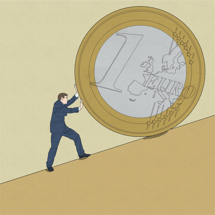 Business man pushing  euro coin

