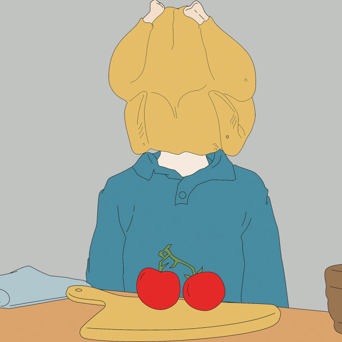 Man with Tomato and chicken head

