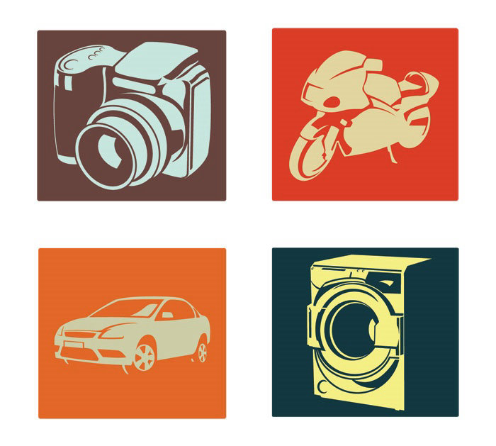 Icons of camera, bike, car and washing maching
