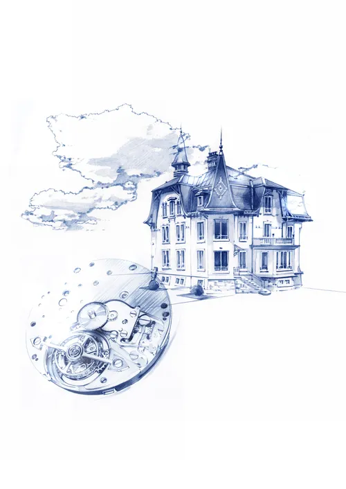 watercolor illustration of building and machine
