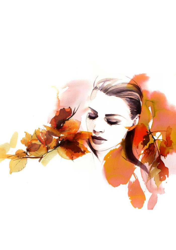 Watercolor  woman with leaves
