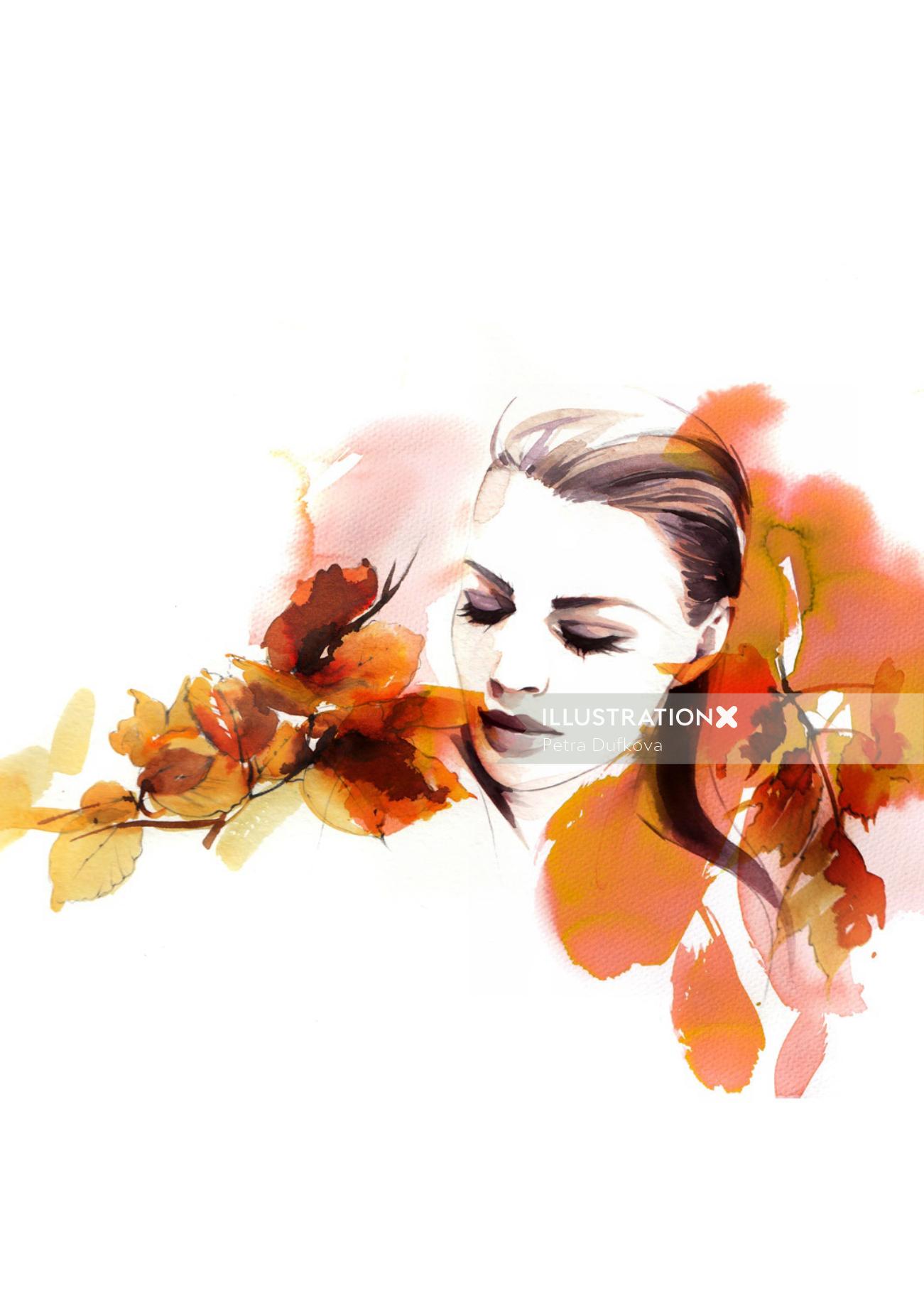 Watercolor  woman with leaves
