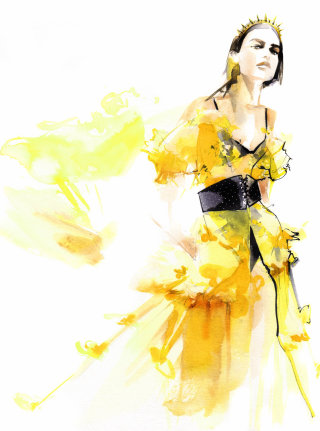 Moda luxuosa de mulher em vestido amarelo
