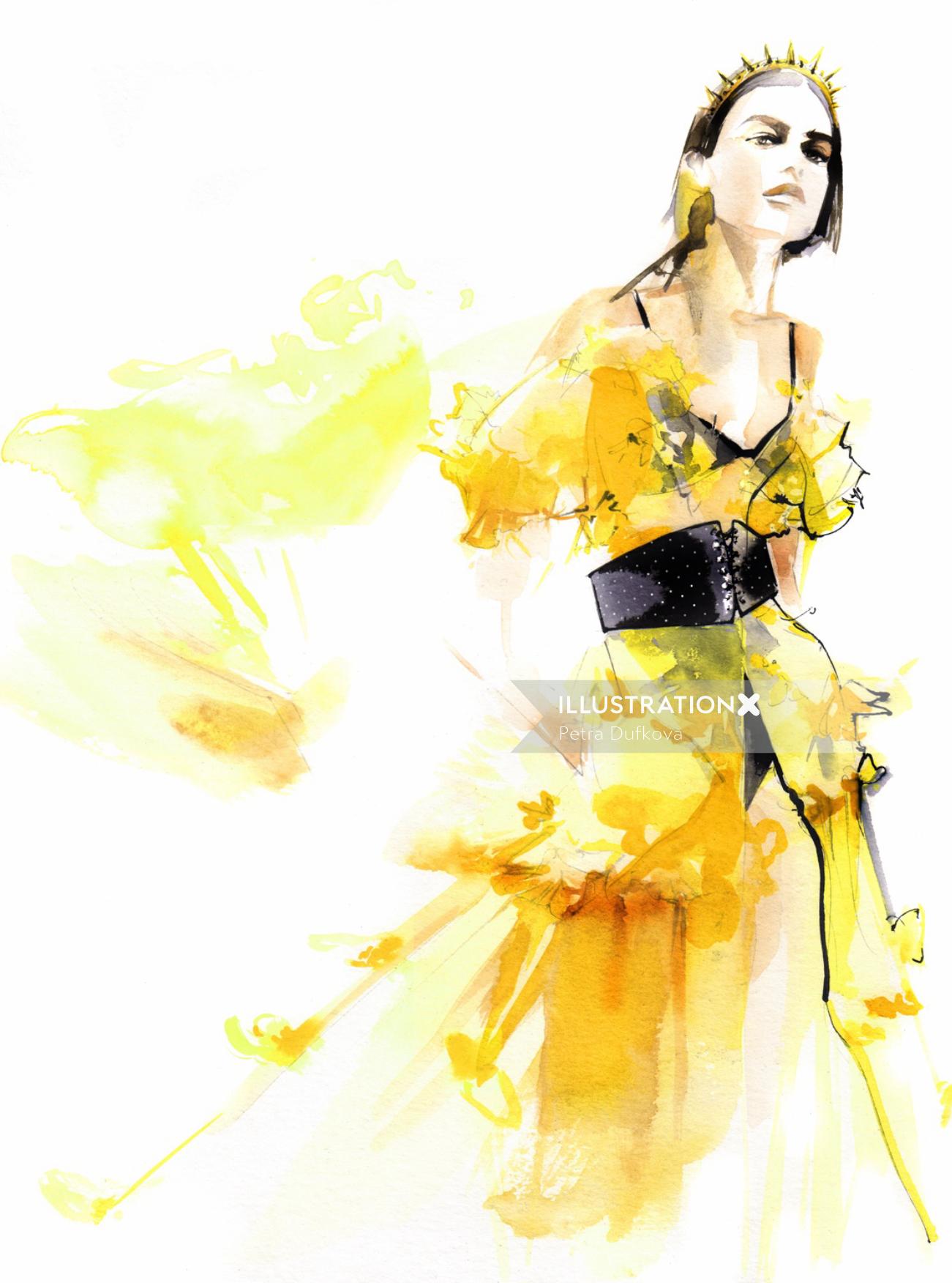 Moda de lujo de mujer en vestido amarillo