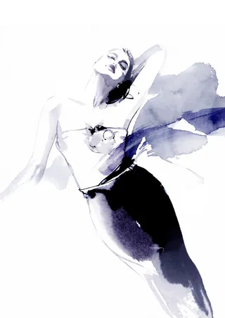 Watercolor painting of a relaxed woman in flowing pose by Petra Dufkova