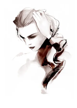 Monochrome watercolor portrait of a contemplative woman by Petra Dufkova