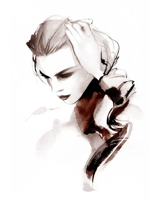 Monochrome watercolor portrait of a contemplative woman by Petra Dufkova