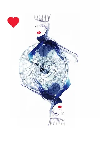 Queen of Hearts card artwork featuring clock and two faces by Petra Dufkova