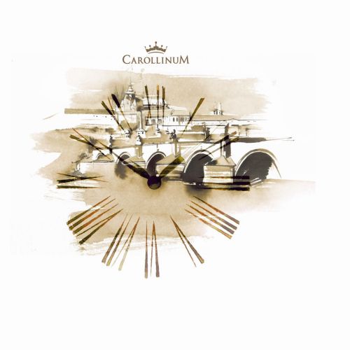 Sepia illustration of Carollinum Museum clock and architecture by Petra Dufkova