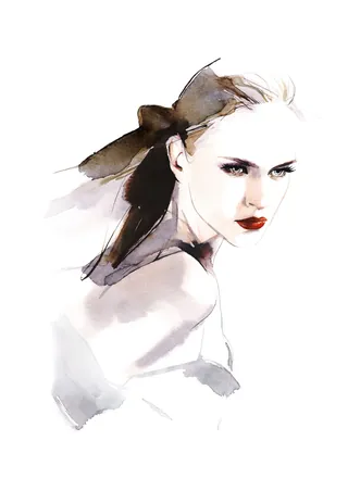 Watercolor portrait of woman with dark bow and red lips by Petra Dufkova
