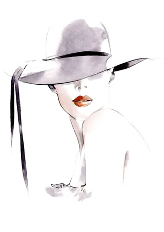 Watercolor painting of a woman in a wide-brimmed hat by Petra Dufkova