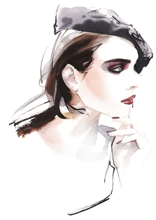Watercolor fashion illustration of a woman wearing a stylish hat by Petra Dufkova