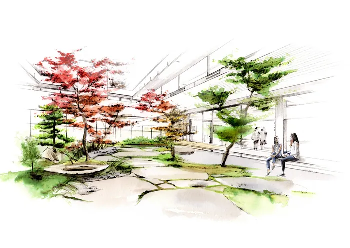 Indoor garden with trees, stone paths, and people sitting by Petra Dufkova