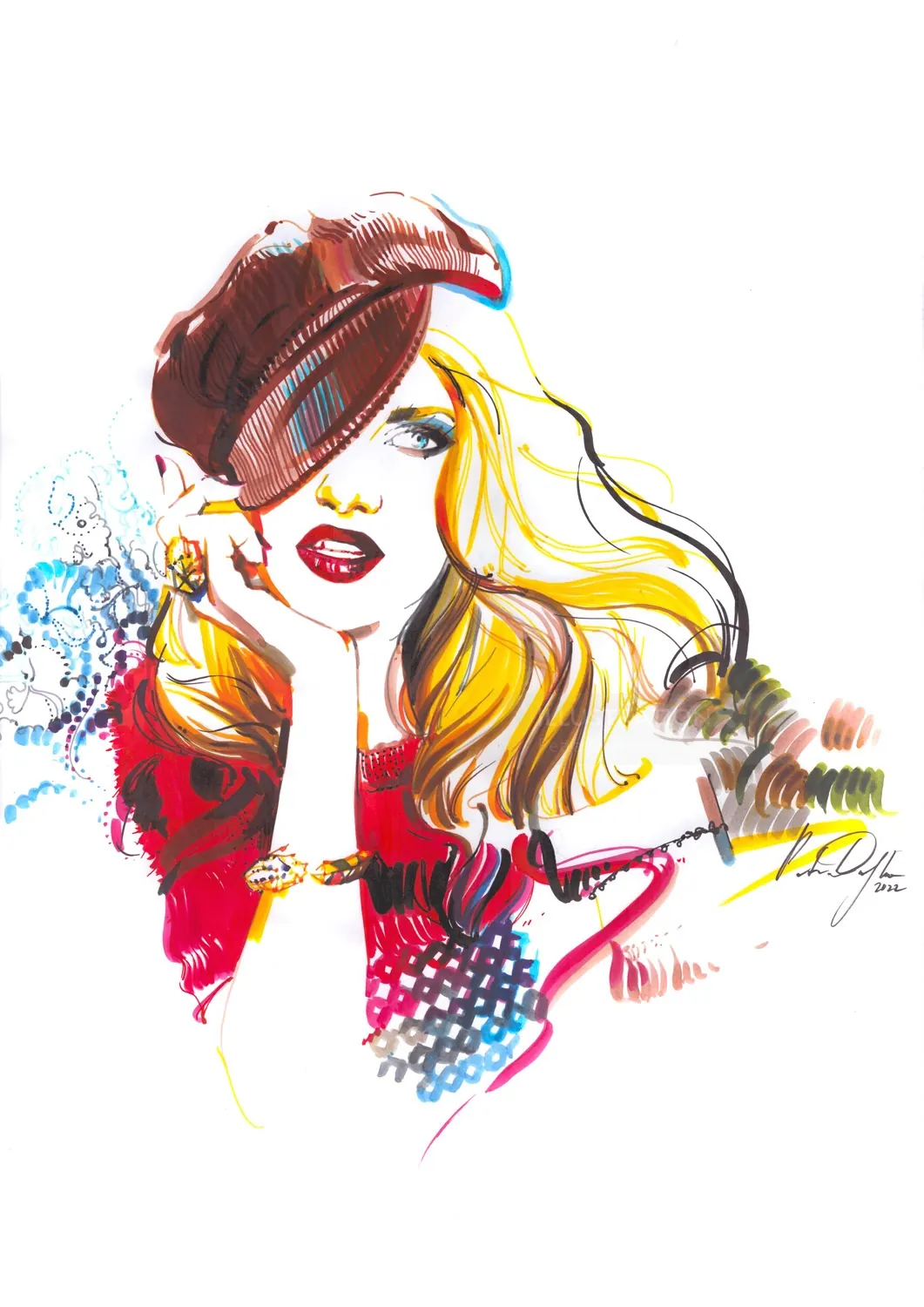 Fashion illustration of a blonde woman in red beret by Petra Dufkova