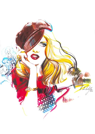 Fashion illustration of a blonde woman in red beret by Petra Dufkova