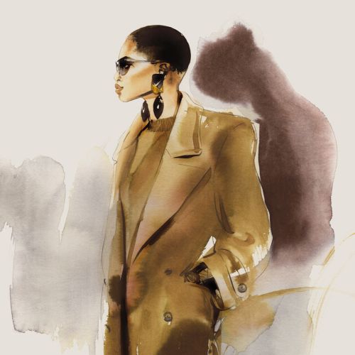 Watercolor fashion illustration of woman in brown coat by Petra Dufkova